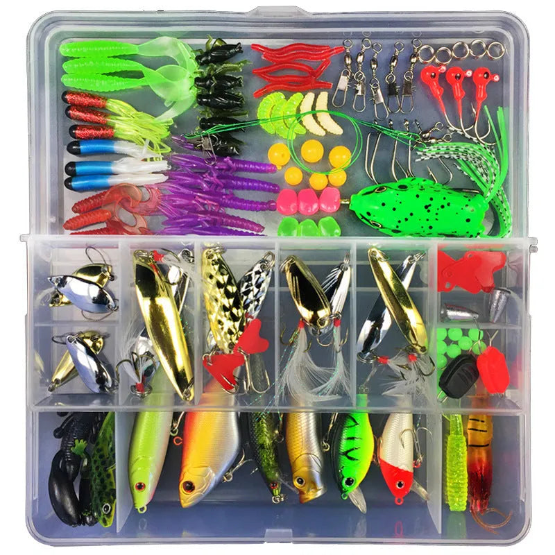 Junior fishing lure suit set with PP plastic storage box containing an assortment of artificial baits.