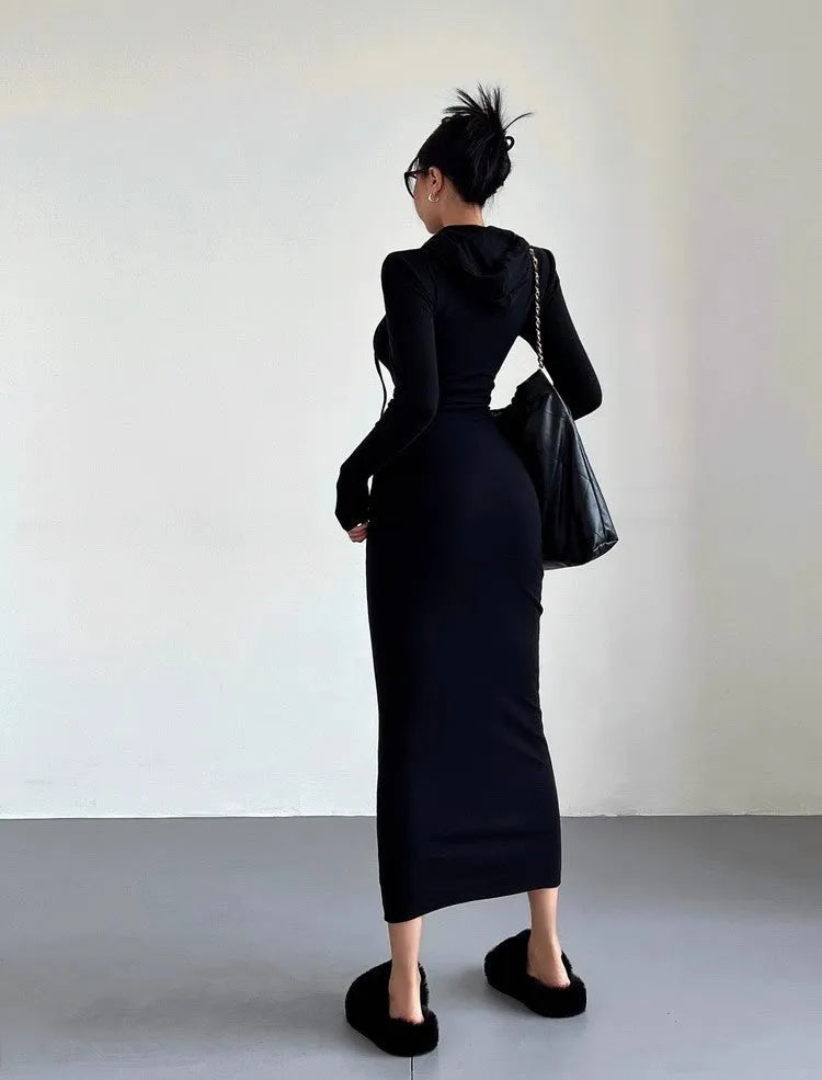 Women's grey polyester sheath dress with long sleeves and a high waist, knee-length.