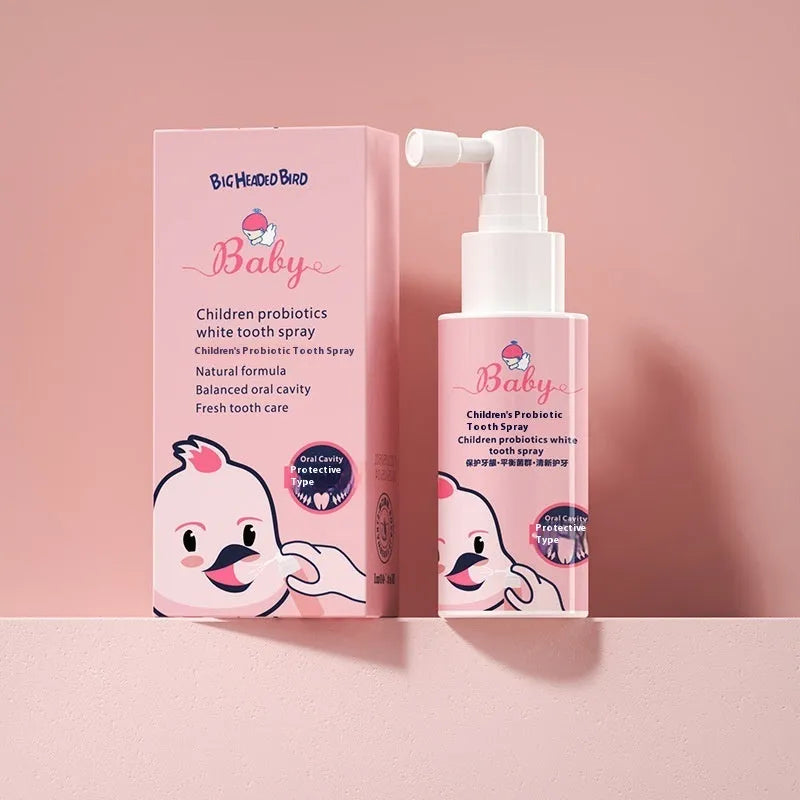 Children's probiotic anticavity teeth cleaning spray in 40ml bottle with strawberry and orange flavour options