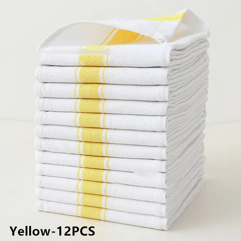 A stack of striped polyester-cotton dish towels in various colours, showing their 48x70cm size.