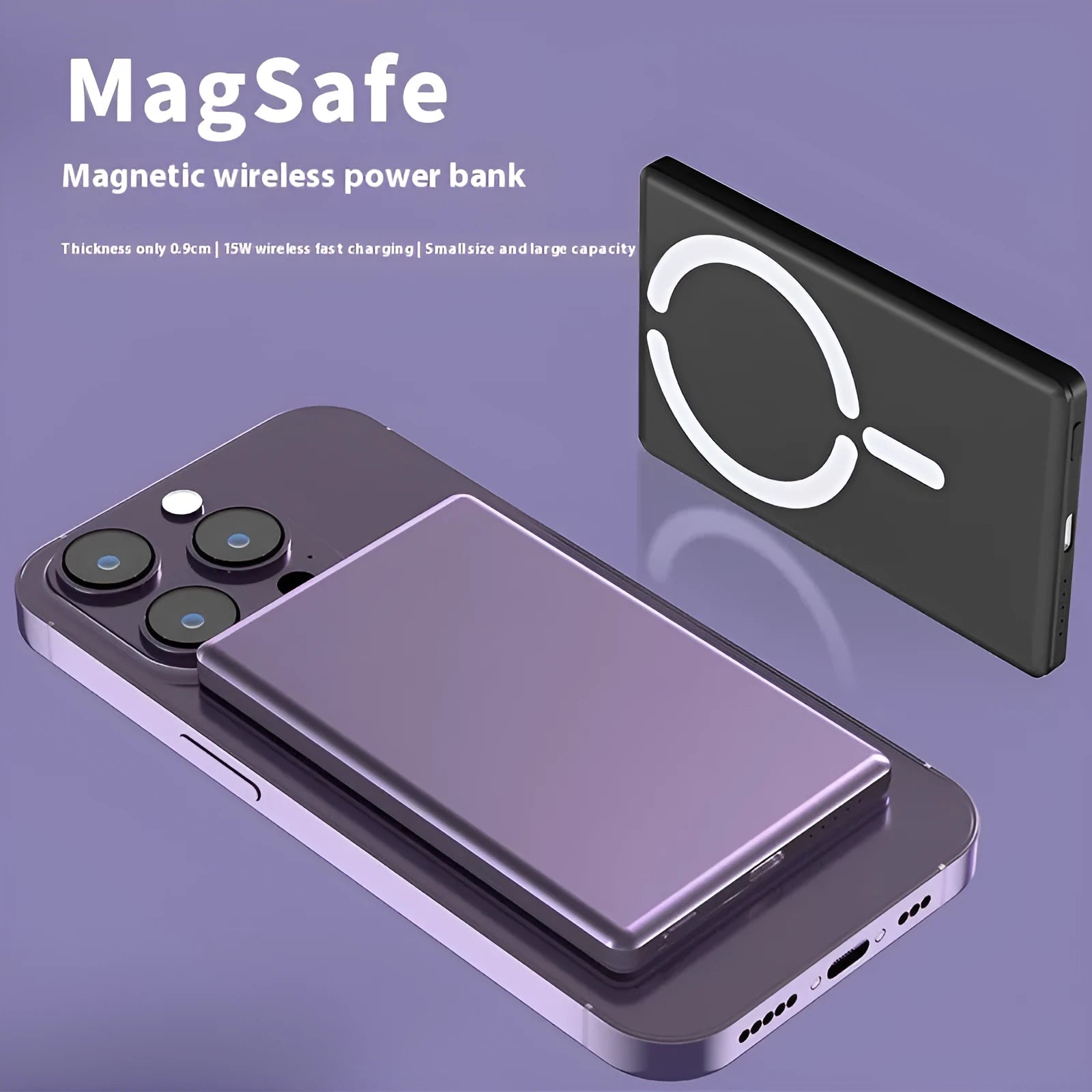Ultra-thin magnetic power bank measuring 105x66mm in black dark gray silver violet colours