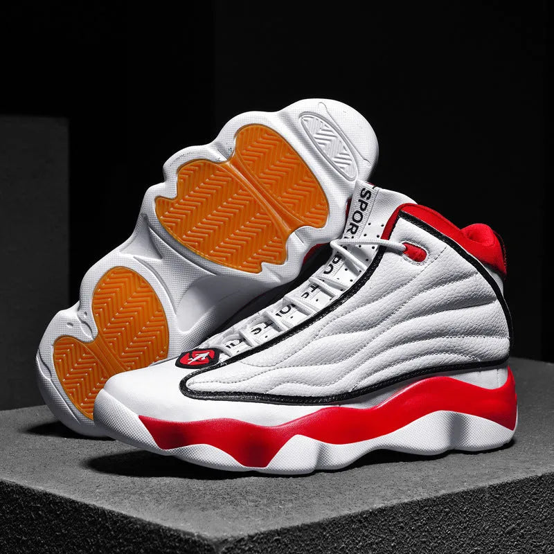 High-top basketball shoes with thick rubber sole and mesh upper in AJ13 colour options