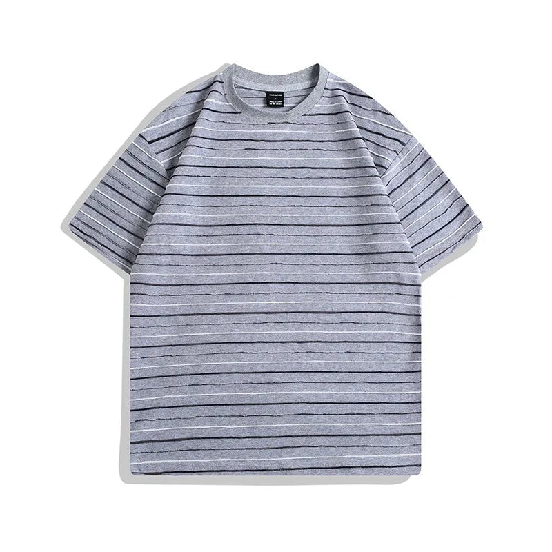 Striped loose fit half sleeve couple's T-shirt in apricot colour with round neck and Asian sizing