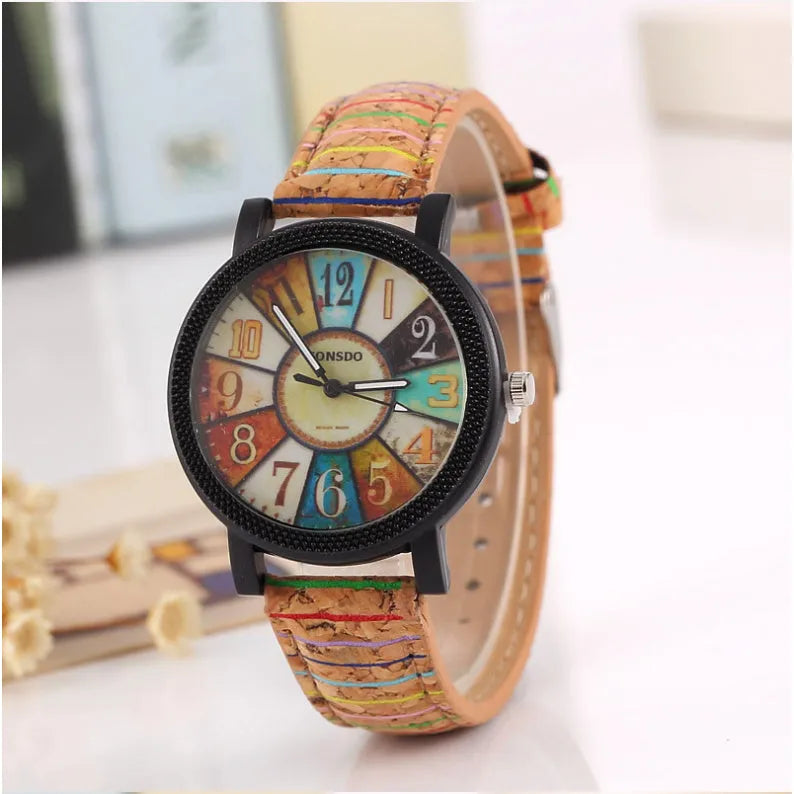 Vintage style leather strap women's quartz watch with 37mm round dial and stainless steel buckle