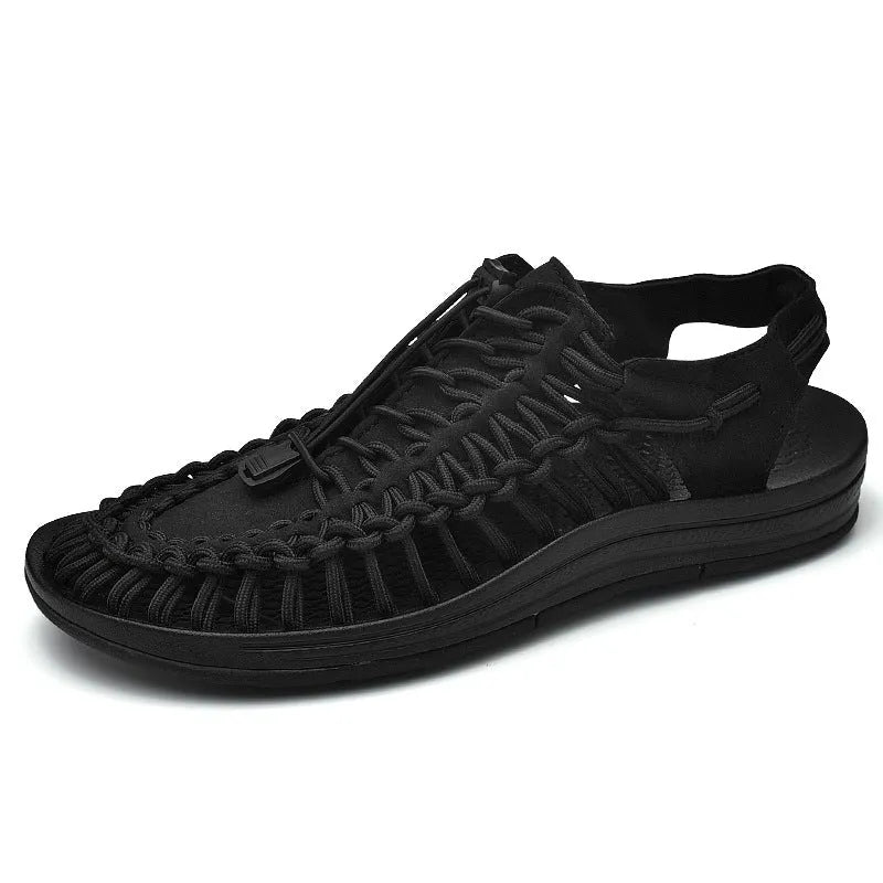 Woven Roman sandals with an elastic drawstring tie in multiple colour options on a rubber sole.