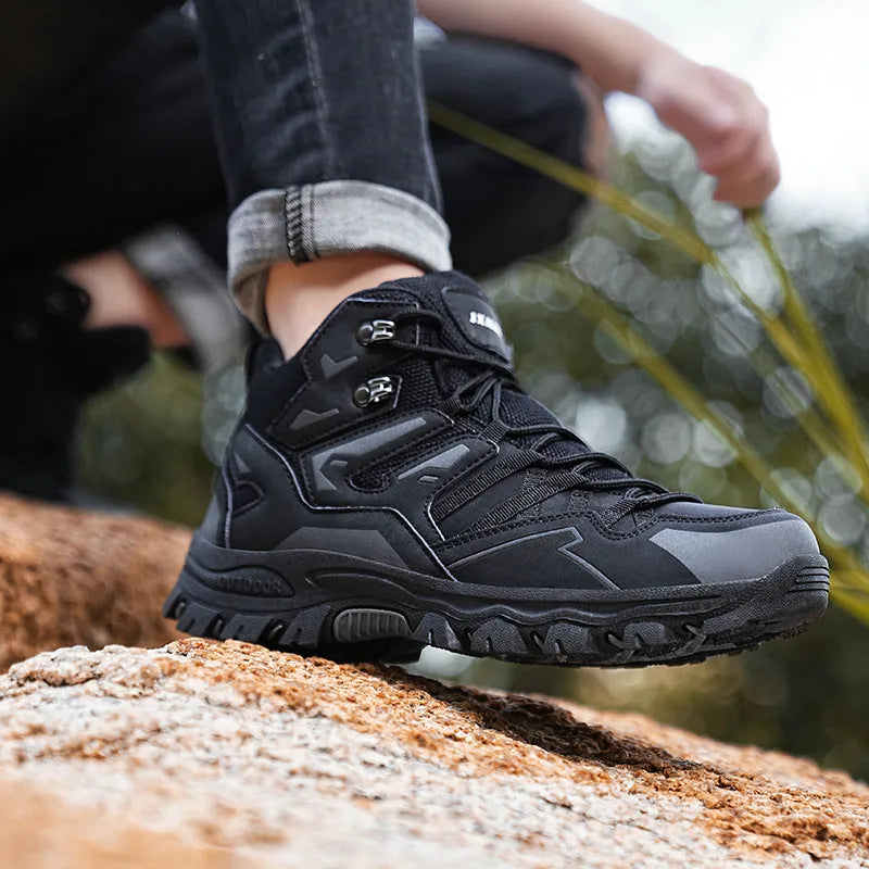 Same high-top hiking sneakers in light brown colour with front lace-up design and natural rubber outsole