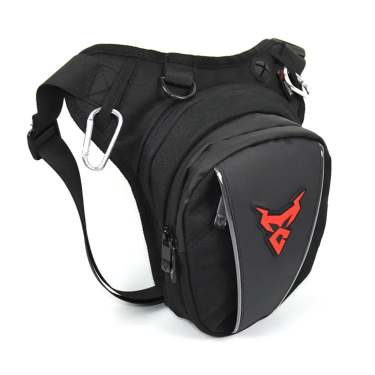 0105MC motorcycle riding leg bag in 1200D Oxford cloth shown in red, blue, green, and grey colour options.