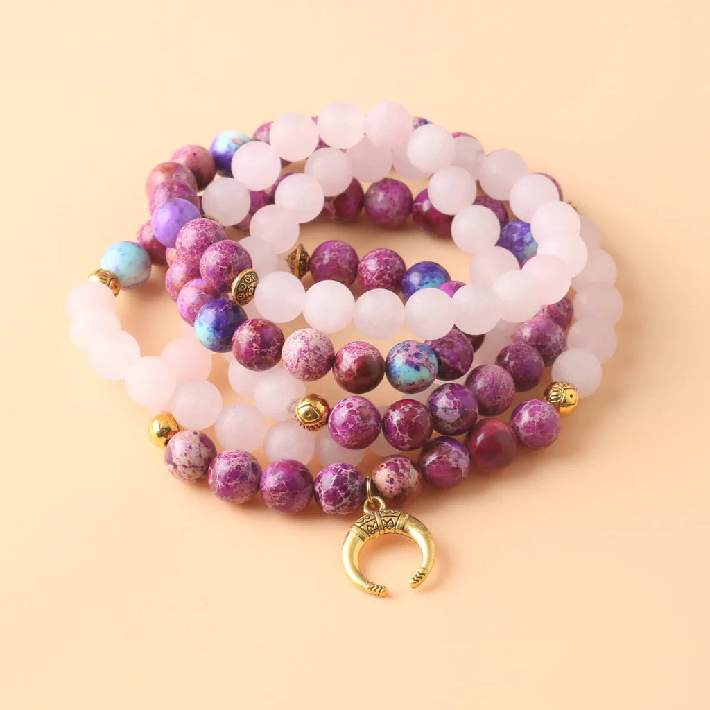 Pink crystal emperor stone beads pendant necklace with round elements for casual unisex fashion wear