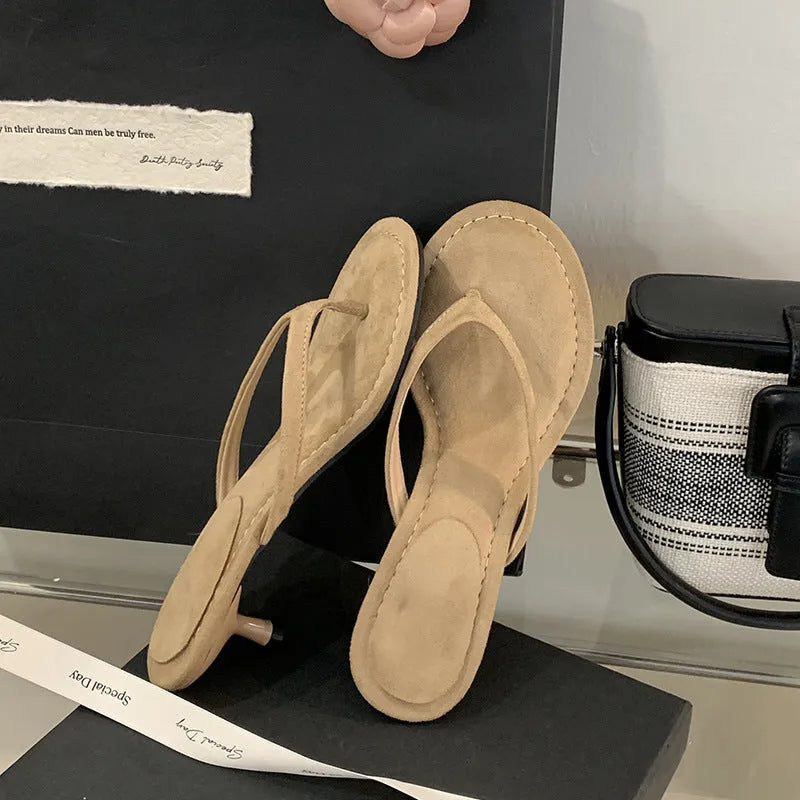 Women's rubber flip-flop sandals with stiletto heel in sheepskin camel colour showing round toe open design