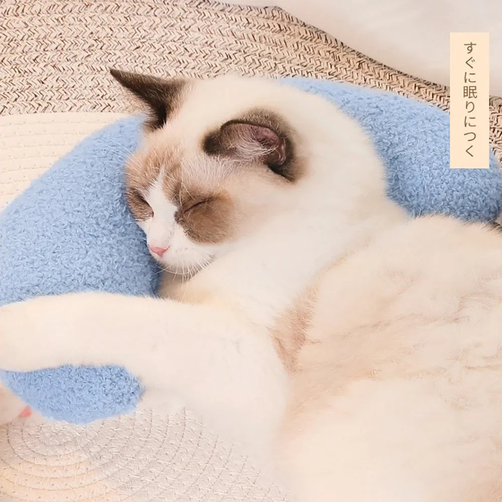 U-shaped blue cat pillow with adjustable collar for pet cervical protection and sleeping support
