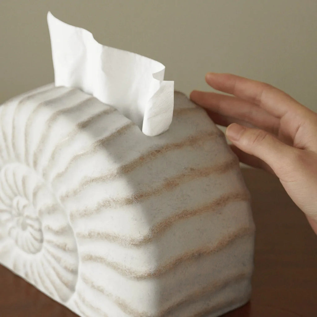 White resin tissue box with conch shell design, modern style, 24cm wide.