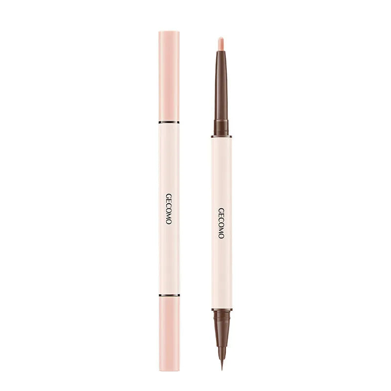 Double headed liquid eyeliner pen with stereoscopic design in pearlescent Floating Platinum and Raw Nude Apricot colours