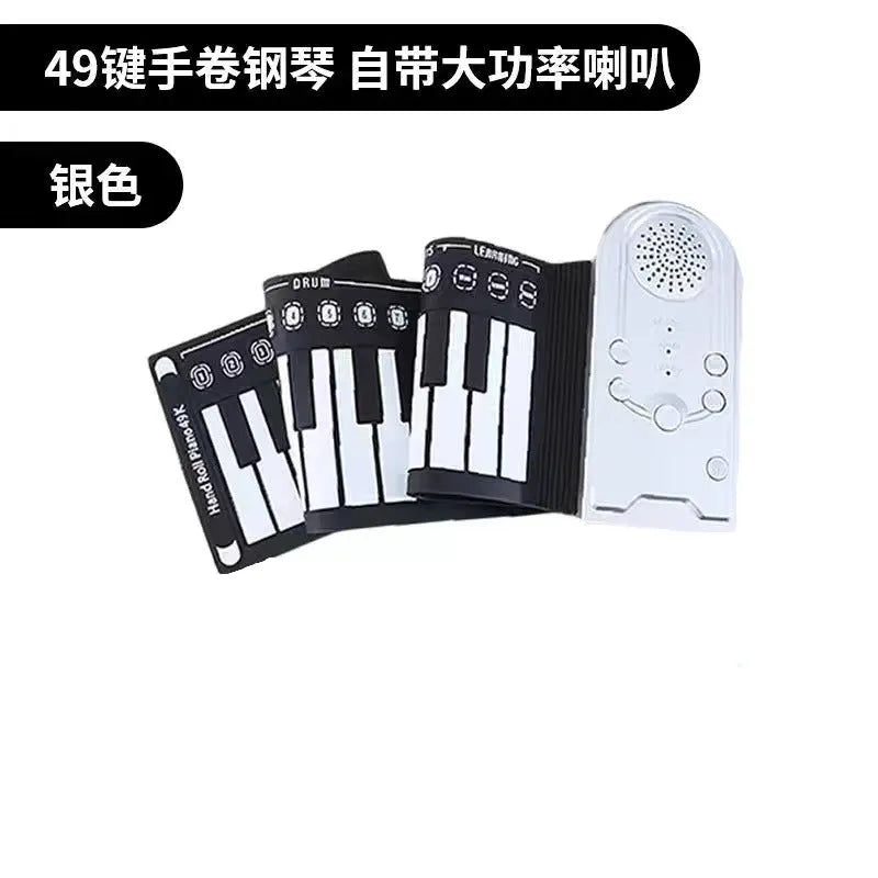 Gloss black portable folding electronic keyboard with 49 silicone keys, unfolded next to its compact folded size.