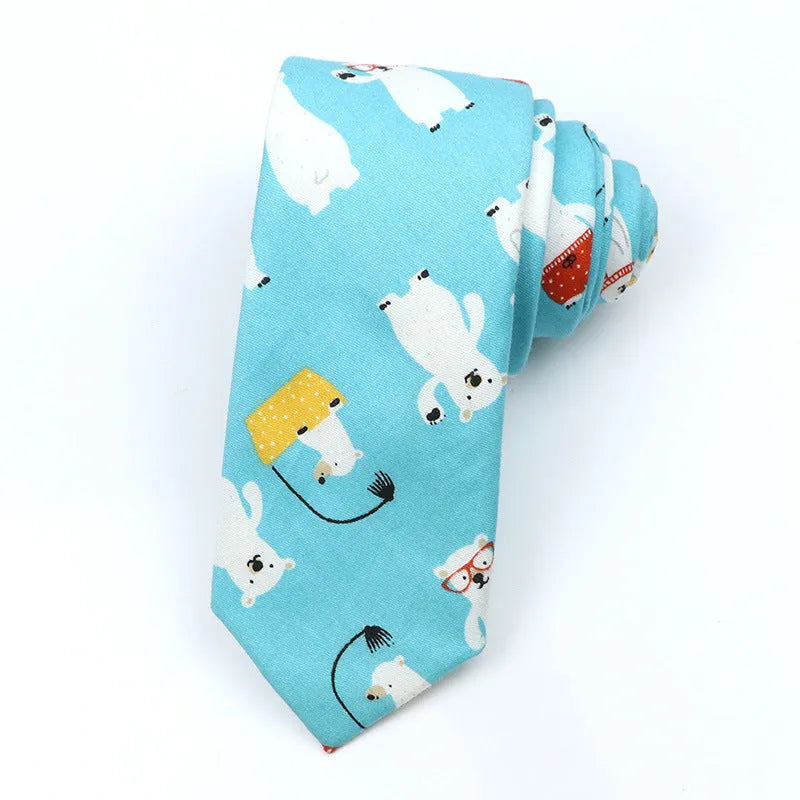Narrow cotton bow tie with cartoon print pattern in assorted colour codes for men casual wear