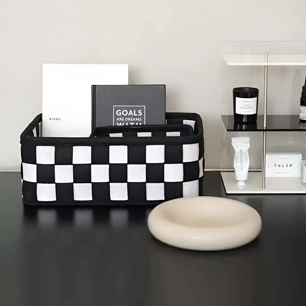 Checkerboard patterned grey felt folding storage basket showing collapsible sides, dimensions 37cm by 29cm by 19.5cm.