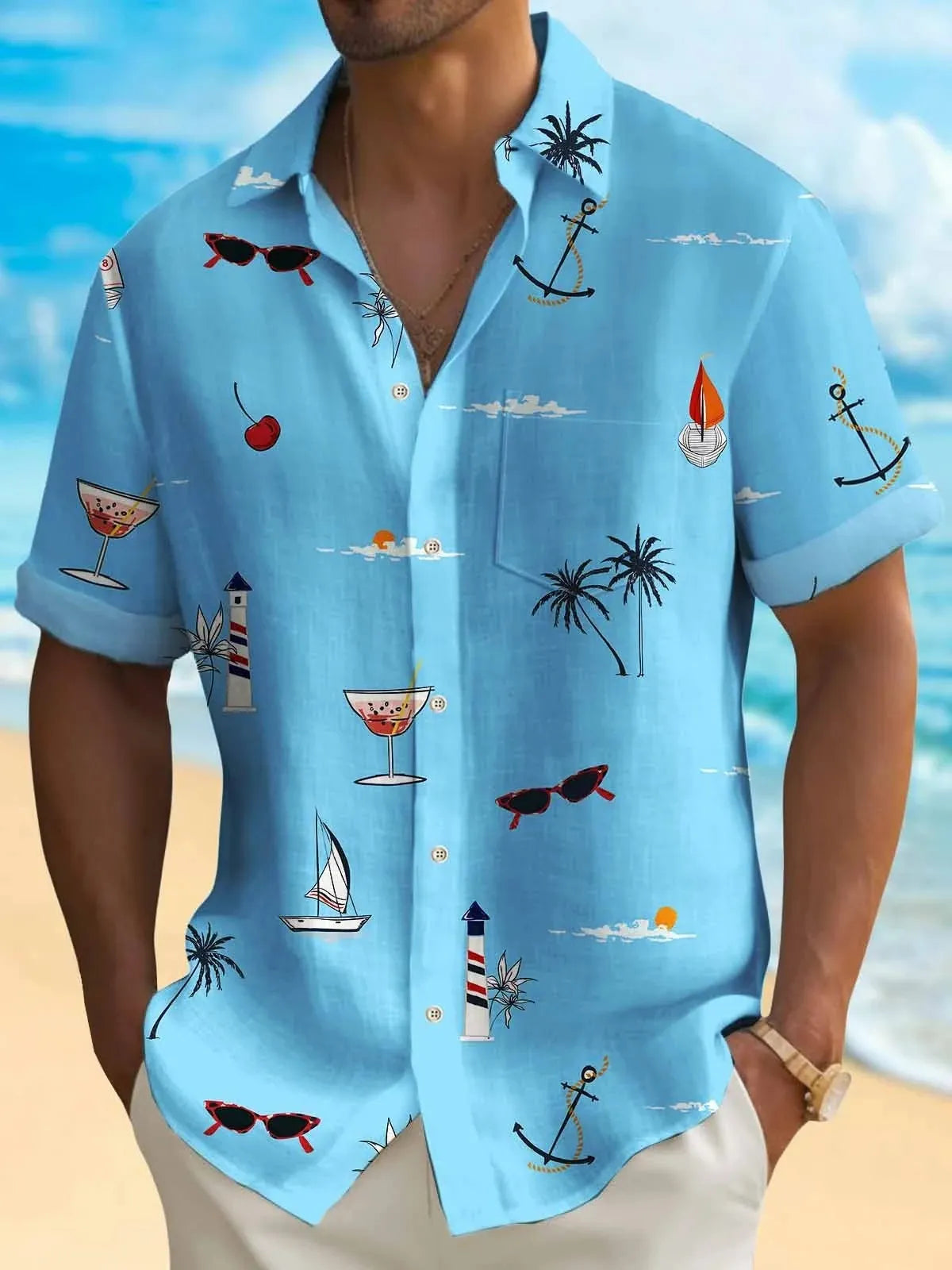 Men's loose fit Hawaiian shirt with colourful digital print pattern and short sleeves.