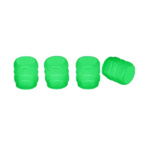 Rubber luminous tyre valve caps in multiple colours showing pack size options for bicycle and motorbike wheels