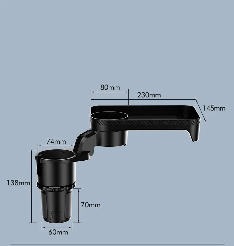 Black ABS rotating car tray holder showing cup holder and dinner plate attachment mounted in vehicle