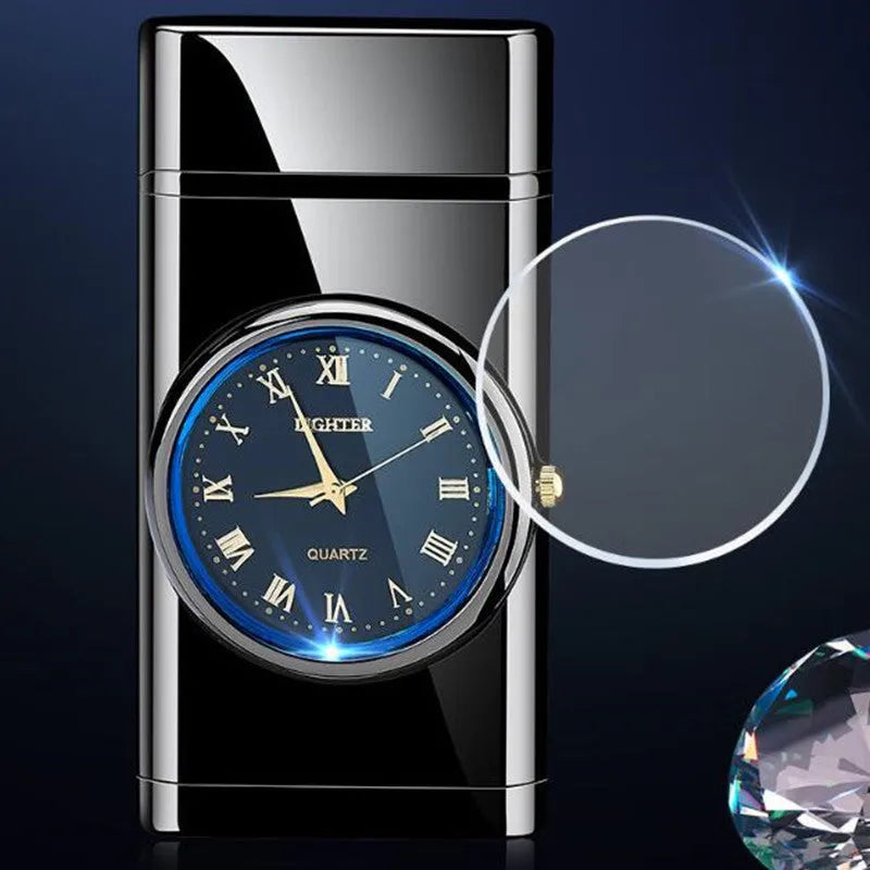 Men's multifunctional metal watch lighter with LED light shown in black brushed finish on wrist.