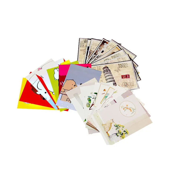 Set of nine retro cartoon style postcards with Paris tower and historic landmark illustrations