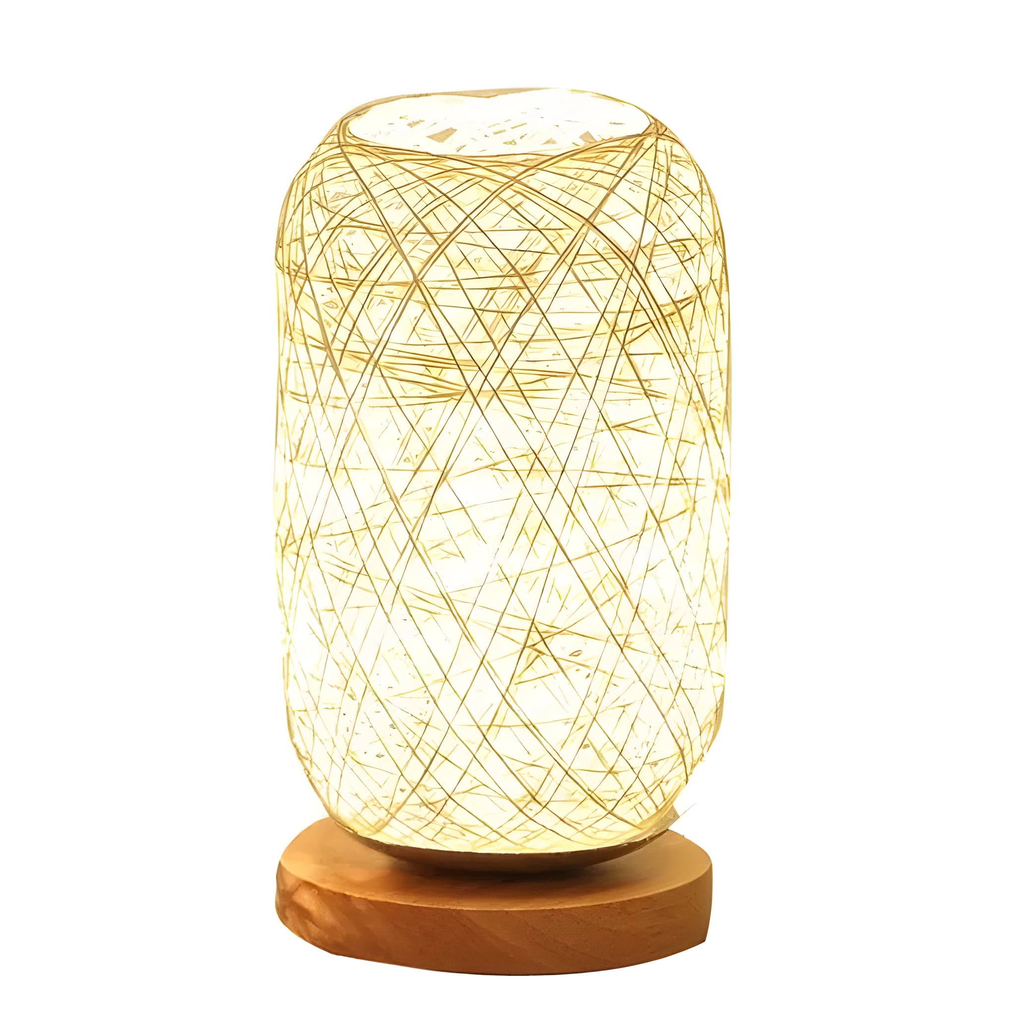 Sepak Takraw ball desk lamp made of brown hemp rope on a wooden base with USB cable