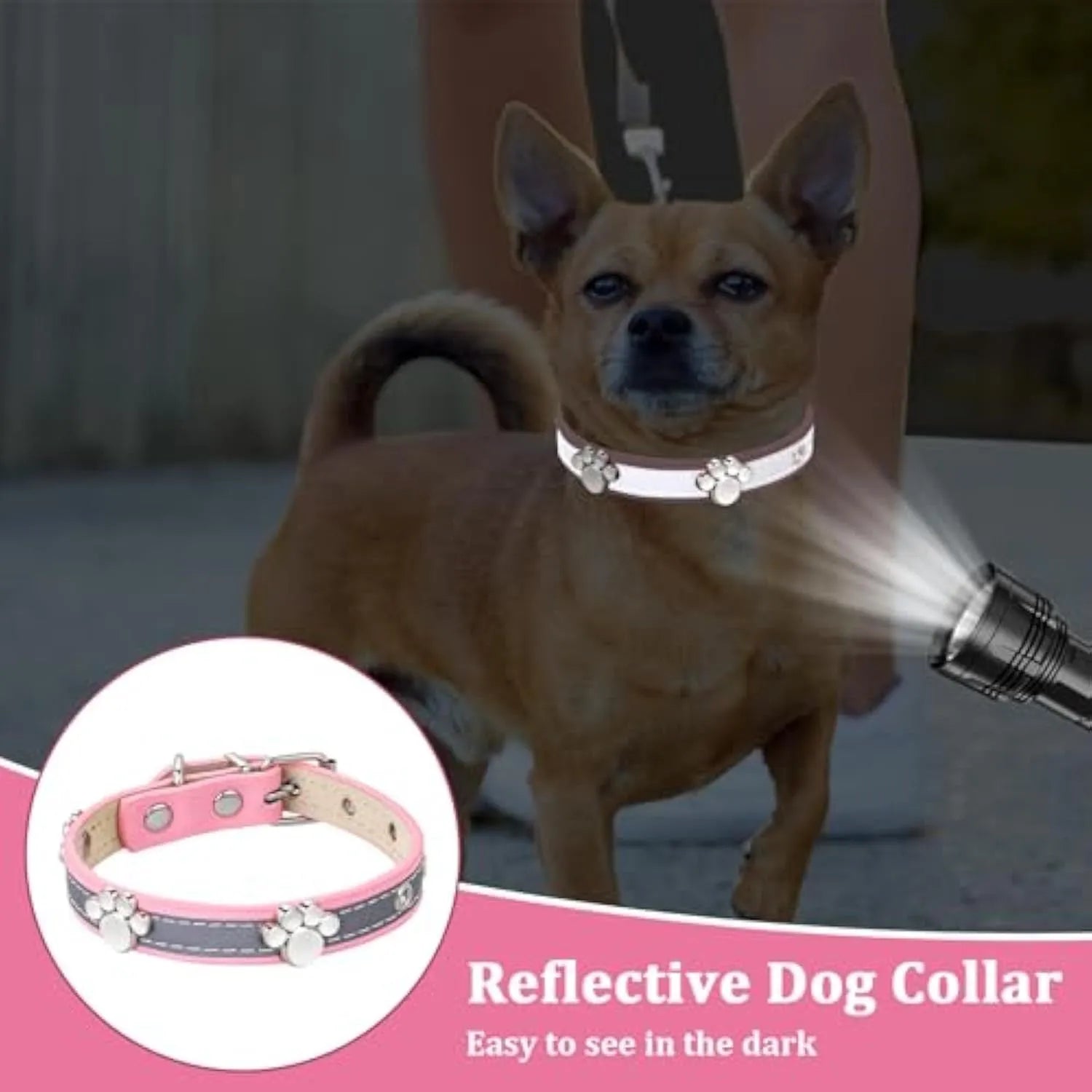 Reflective adjustable dog collar in soft brown PU leather with a metal paw-shaped rivet and buckle.