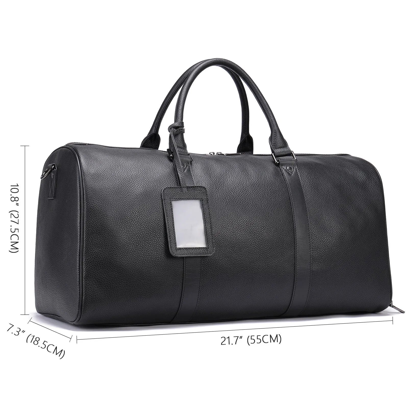 Men's black and coffee brown cowhide leather tote bag showing 44cm and 55cm size options.