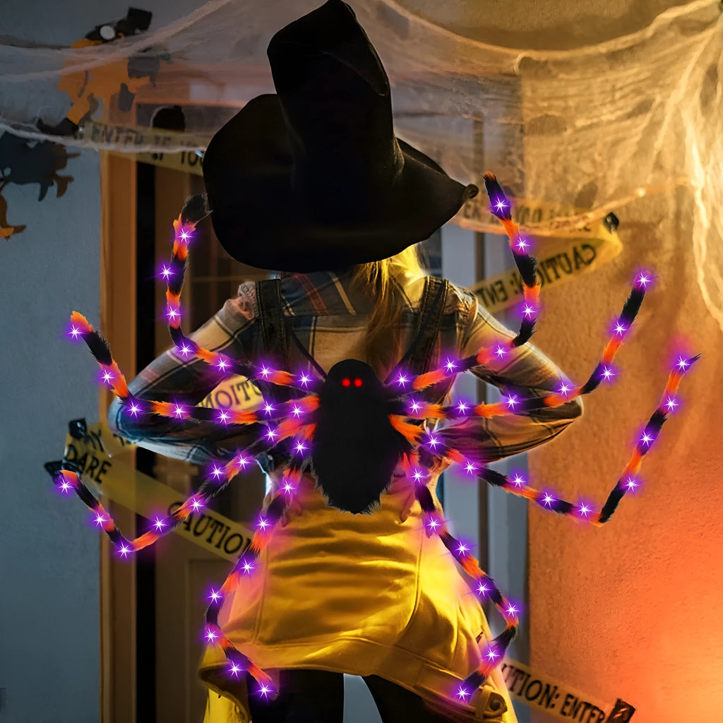 Halloween plush spider backpack with purple LED lights in one of five colour options.