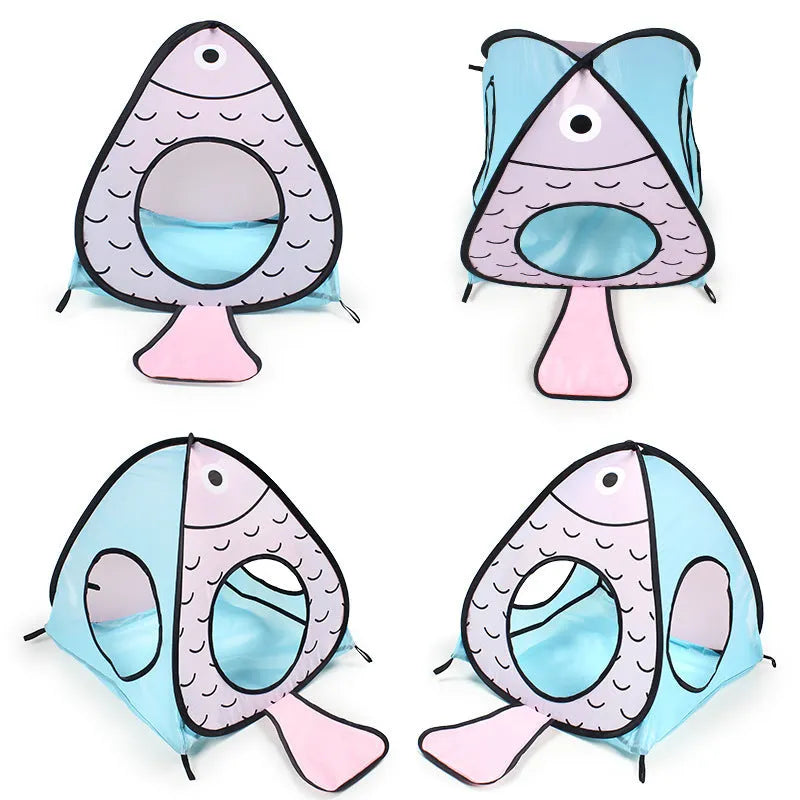 Foldable blue pet tent with cat and fish design for small animals