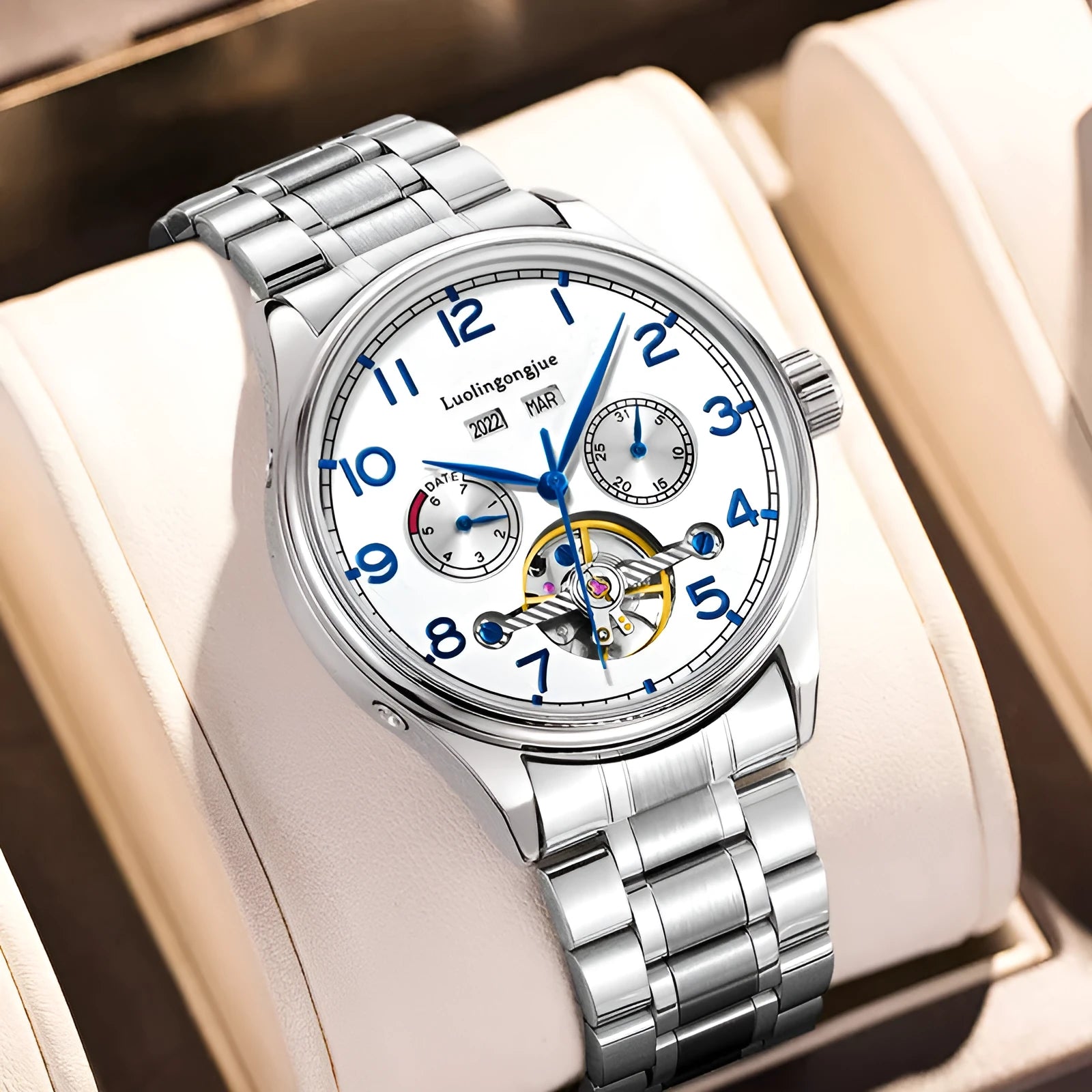 Men's stainless steel mechanical watch with leather strap and sapphire crystal glass