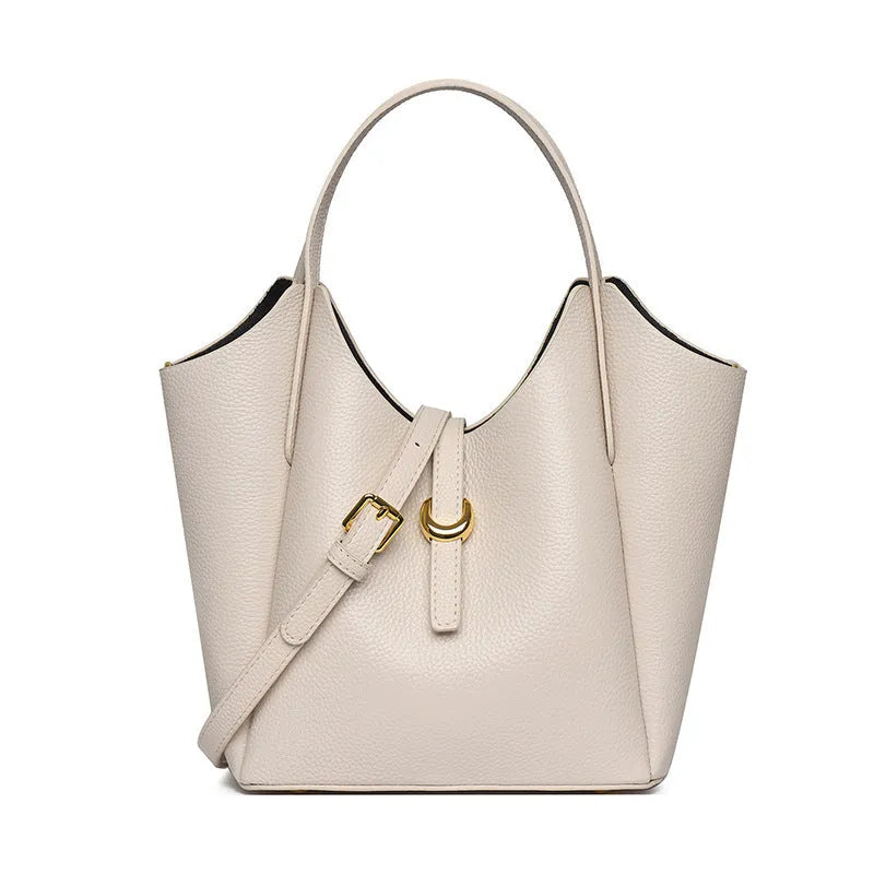 Genuine leather women's bucket bag in European retro style with hand holding strap