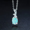 Water drop shaped opal pendant necklace with adjustable O-chain in rose gold or white electroplated finish.