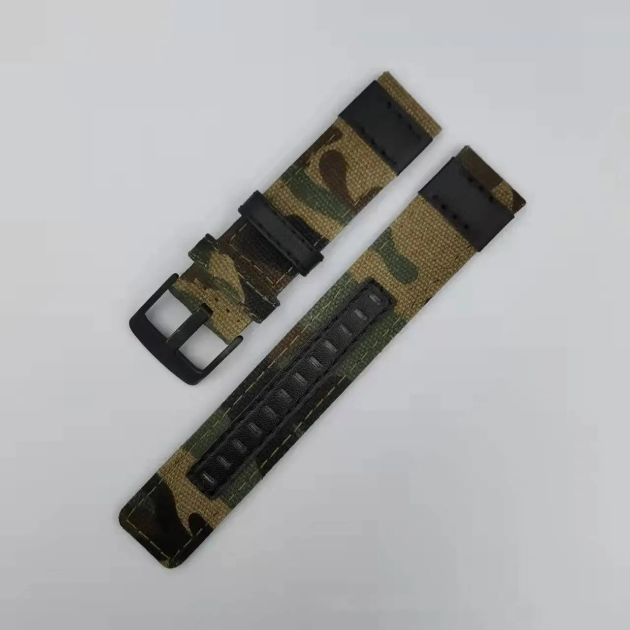 Oxford cloth canvas watch strap in camouflage colour, shown alongside black and blue options.