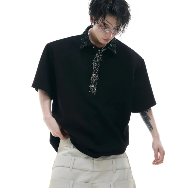 Men's black loose fit polo t-shirt with embroidery sequin detail and square collar