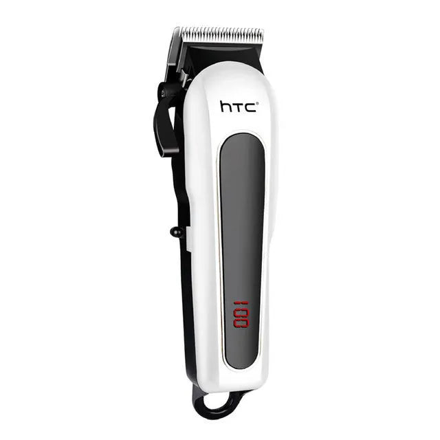 Professional rechargeable hair clipper in black, red, or white with four attachment combs and cleaning accessories.