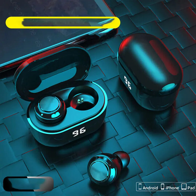 Black stereo Bluetooth wireless headset with earbuds.