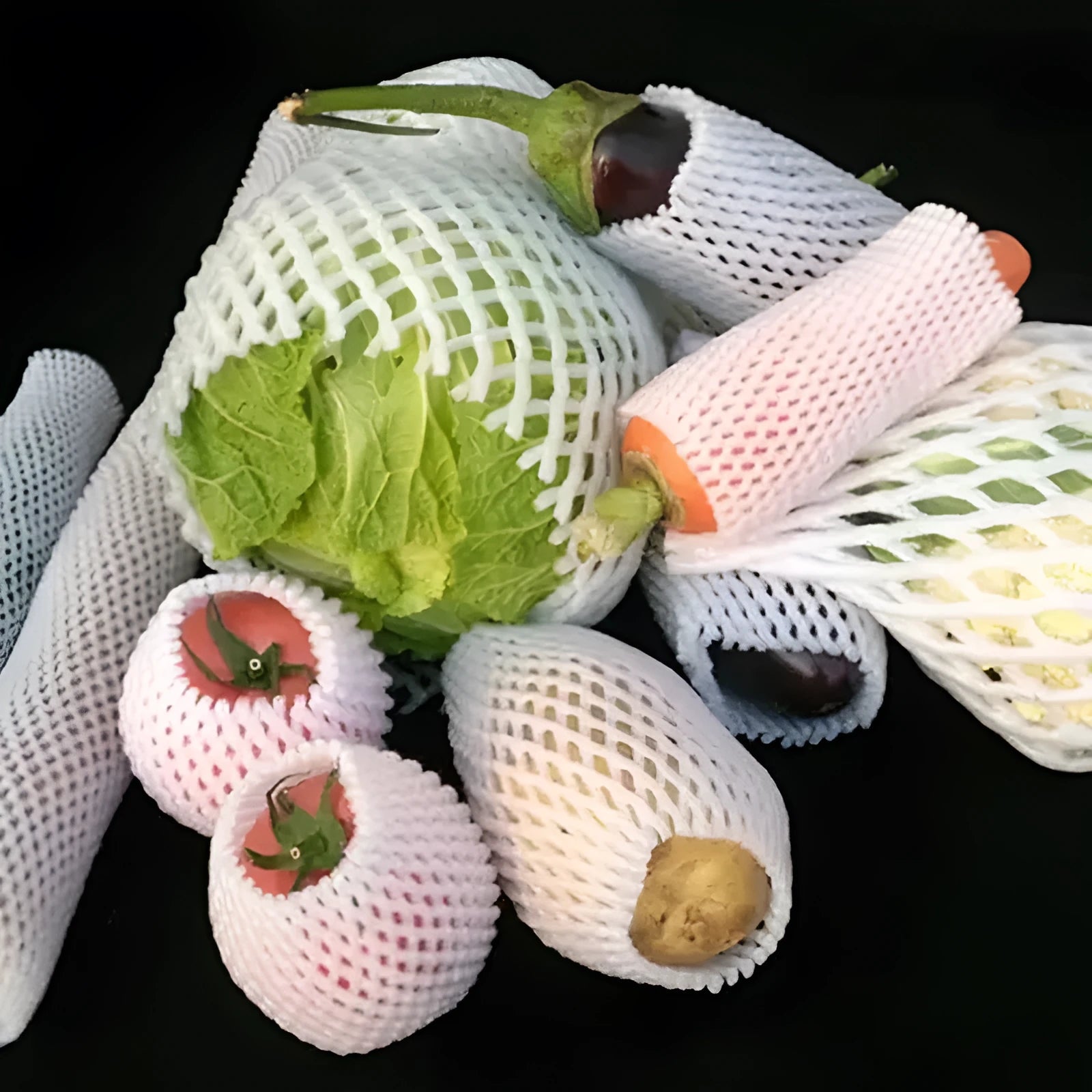 White foam shockproof protective net cover for fruit, shown in various sizes.