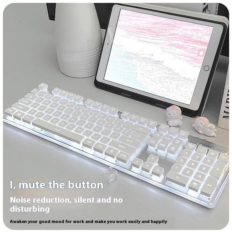 Wired mute keyboard with mechanical feel keys, shown in a Metal Black case with blue LED backlighting.