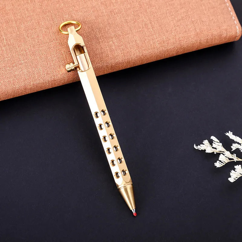 Retro brass hexagonal bolt pen with six-angle barrel design showing 13cm length and brass construction