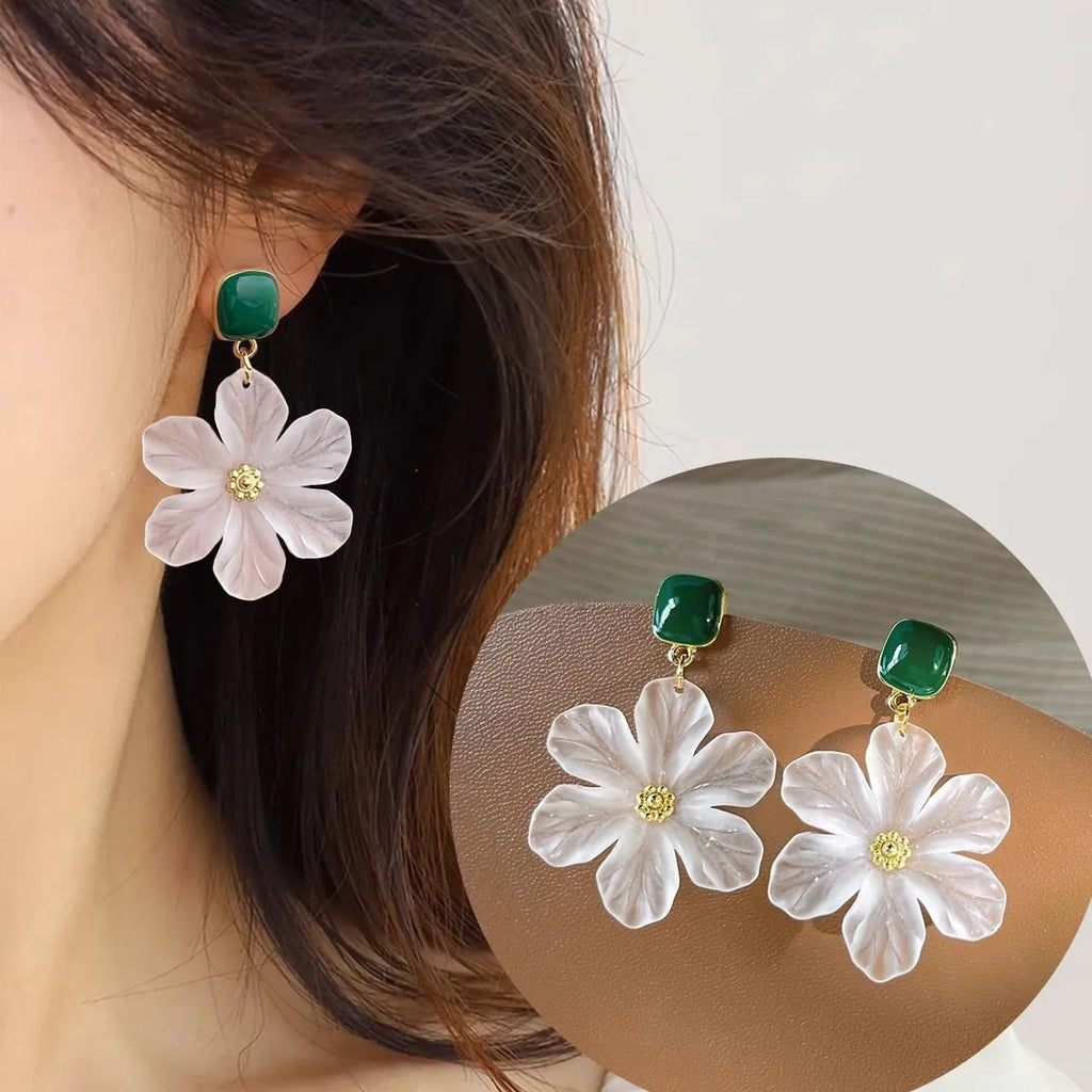 Dark green alloy earrings with detailed needle flowers sweet design for women