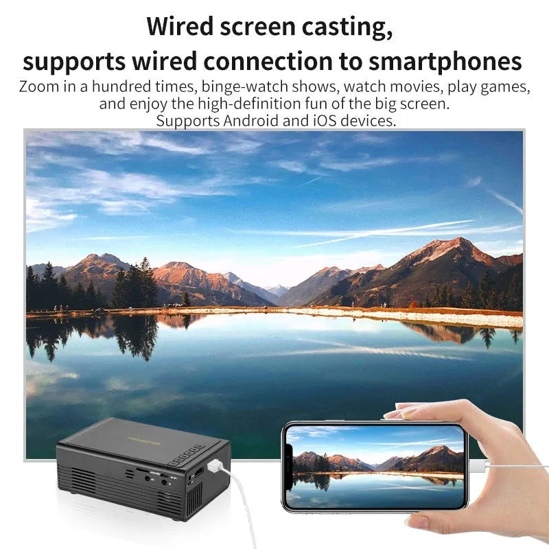 Black and white portable mini projector with wired mobile phone connection cable
