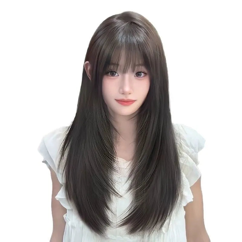 Black long straight full-head wig with high-layered cut and brown-black highlights in bangs and middle sections