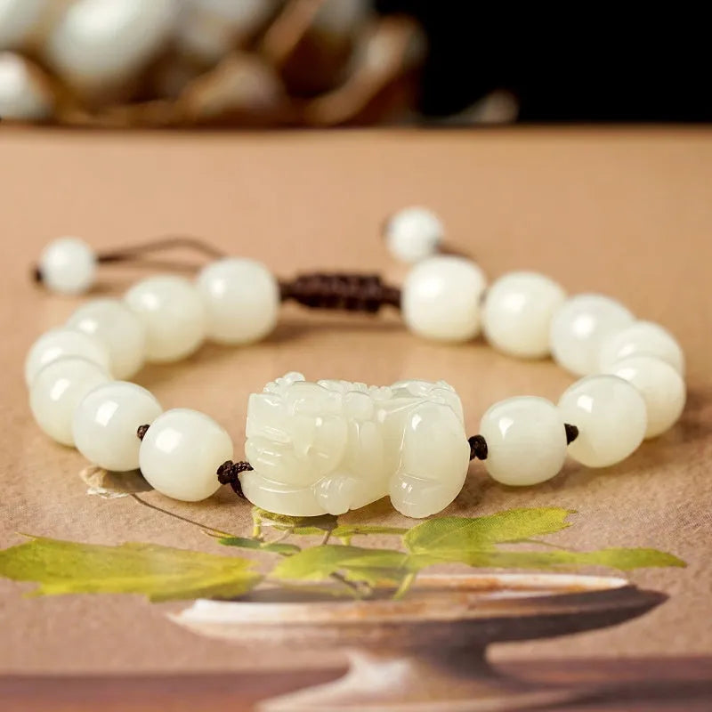 Women's Hetian jade bracelet with black and red braided ropes in Chinese style