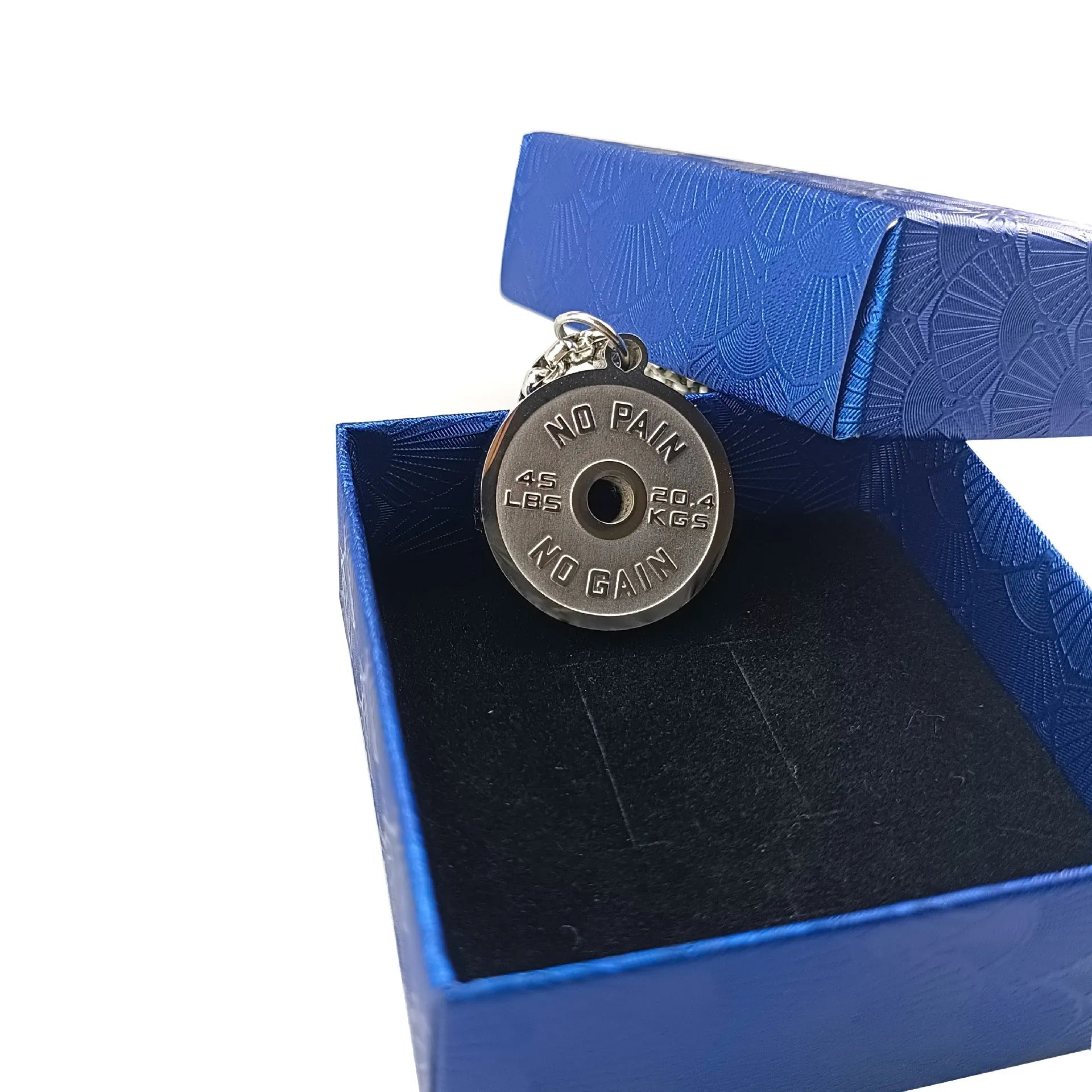 Stainless steel geometric barbell disk pendant on a 60cm black chain necklace.