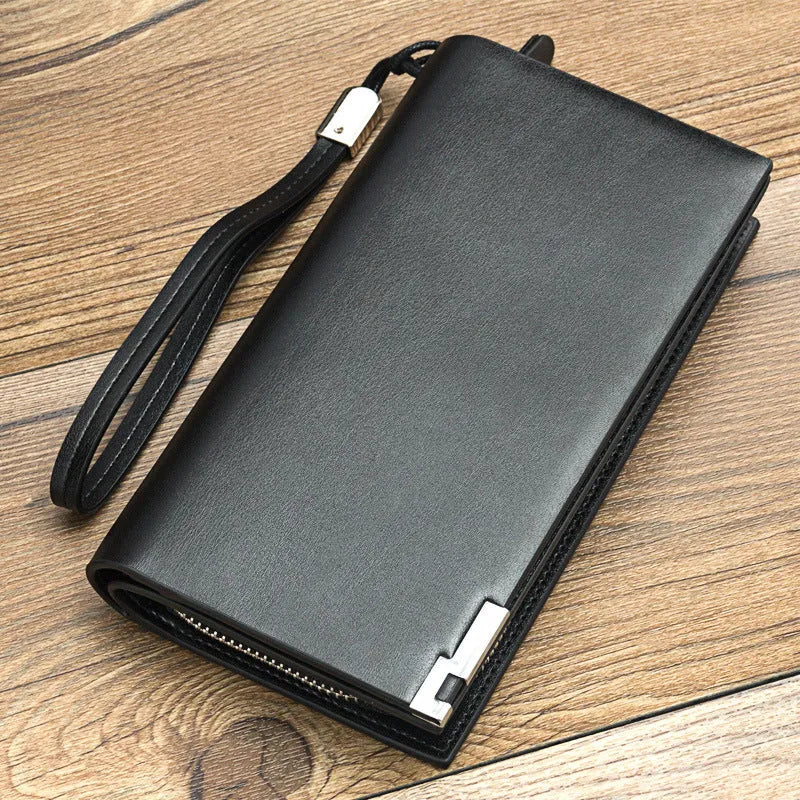 Men's long black PU leather wallet with a full-length silver zipper closure.