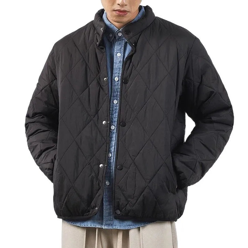 Men's black diamond lattice quilted acrylic winter jacket with extended length