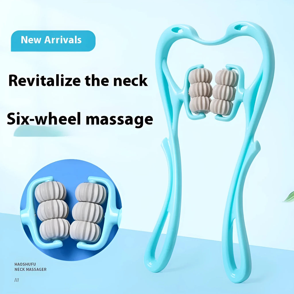 Blue plastic handheld massage roller with six rotating wheels for neck and shoulder tension relief