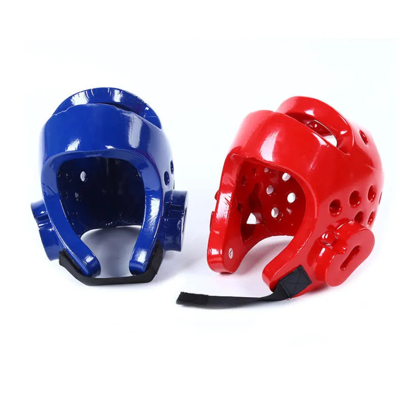 Red and blue martial arts protective gear set including helmet, gloves and leg guards in PU material