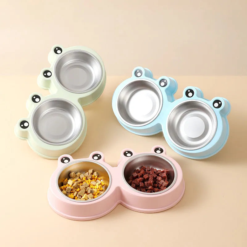 Stainless steel double pet bowl set with frog-shaped non-skid base in blue colour