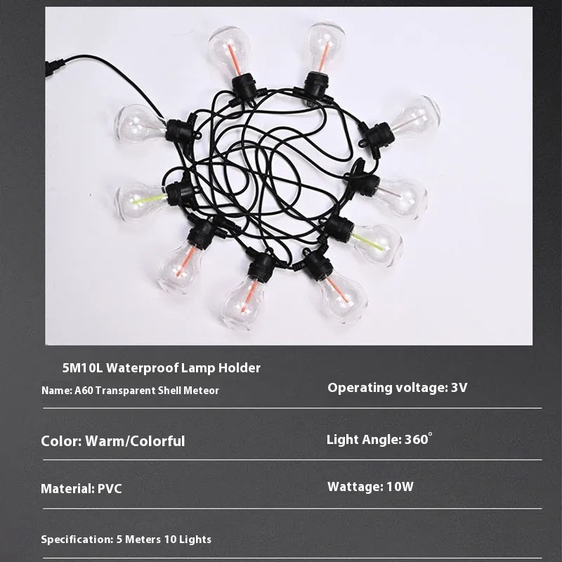 Waterproof outdoor string lights with 10 transparent meteor bulbs on 5 metre cable